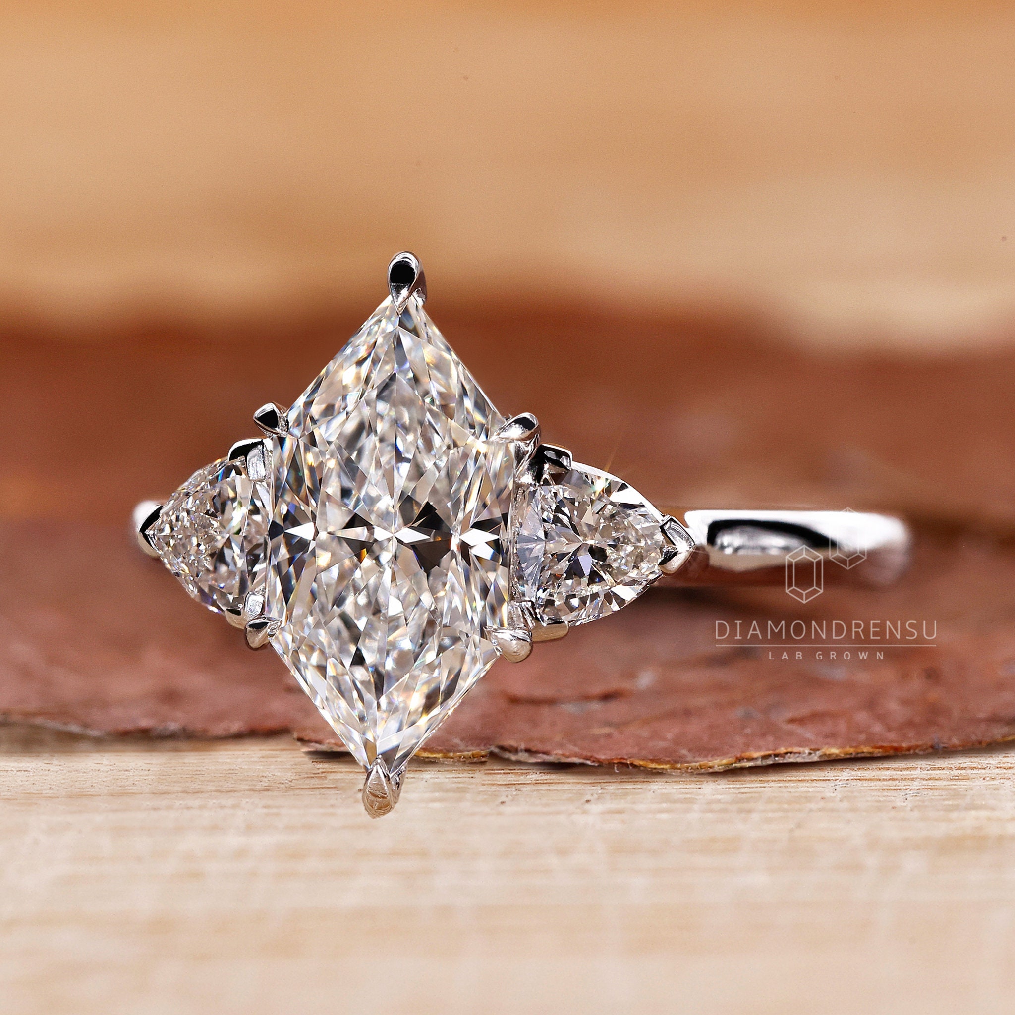 Dutch Marquise Cut Lab Grown Diamond Engagement Ring, Three Stone Ring ...