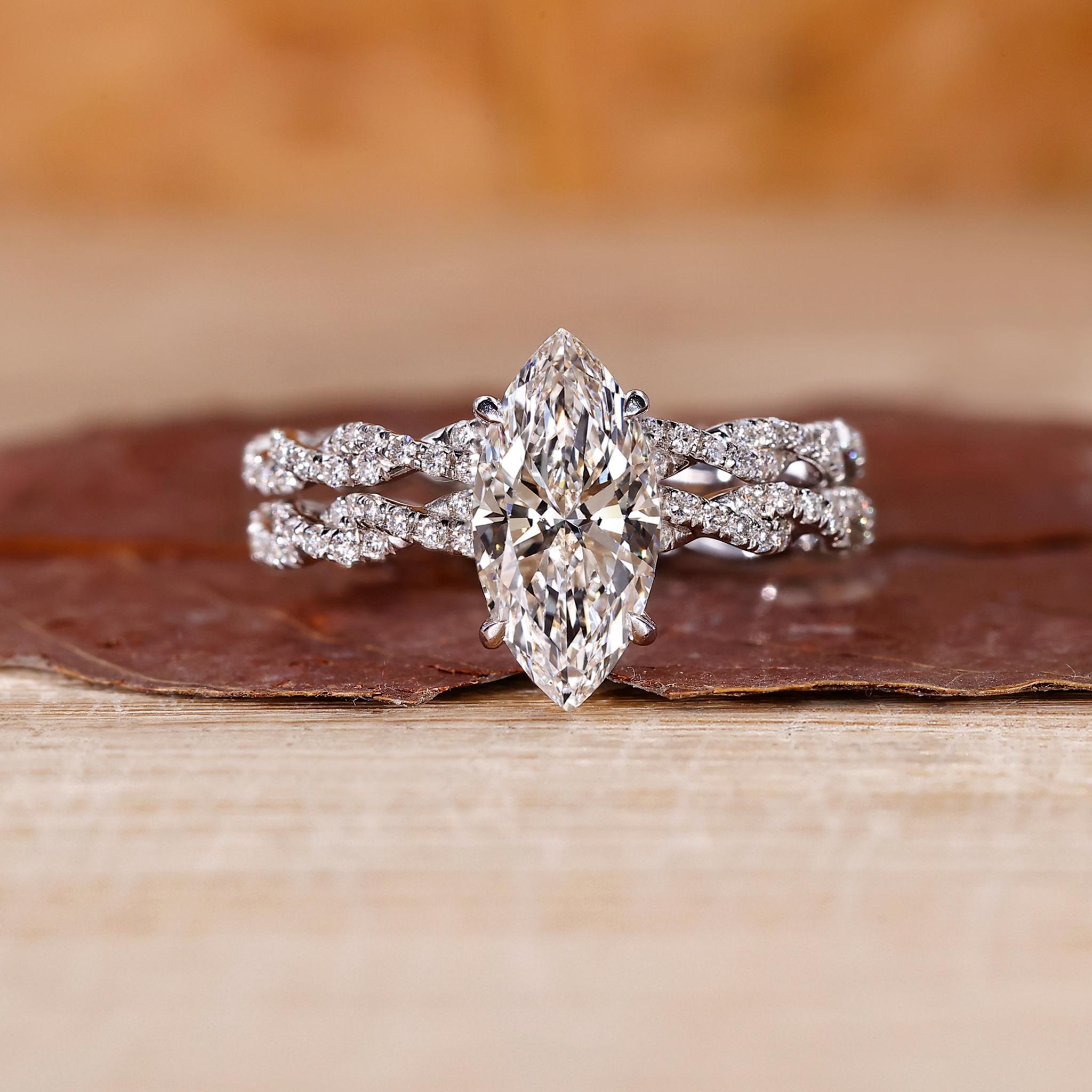 Marquise Diamond Twisted Pave Engagement Ring With Wedding Band, Hidden Marquise Diamond Twisted Pave Engagement Ring With Wedding Band, Hidden