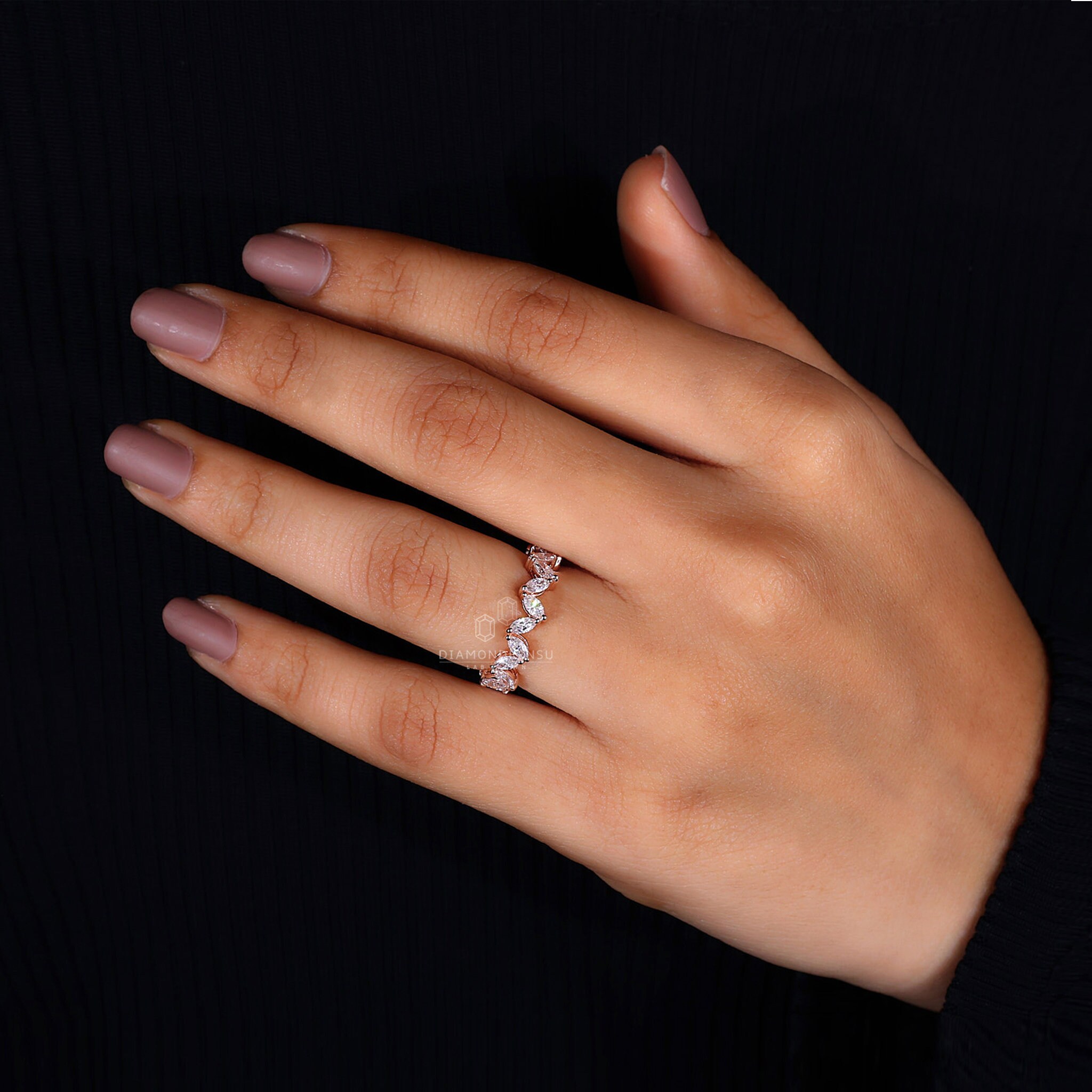 Marquise Cut Lab Grown Diamond Wedding Band, 3/4 Eternity Diamond Band ...