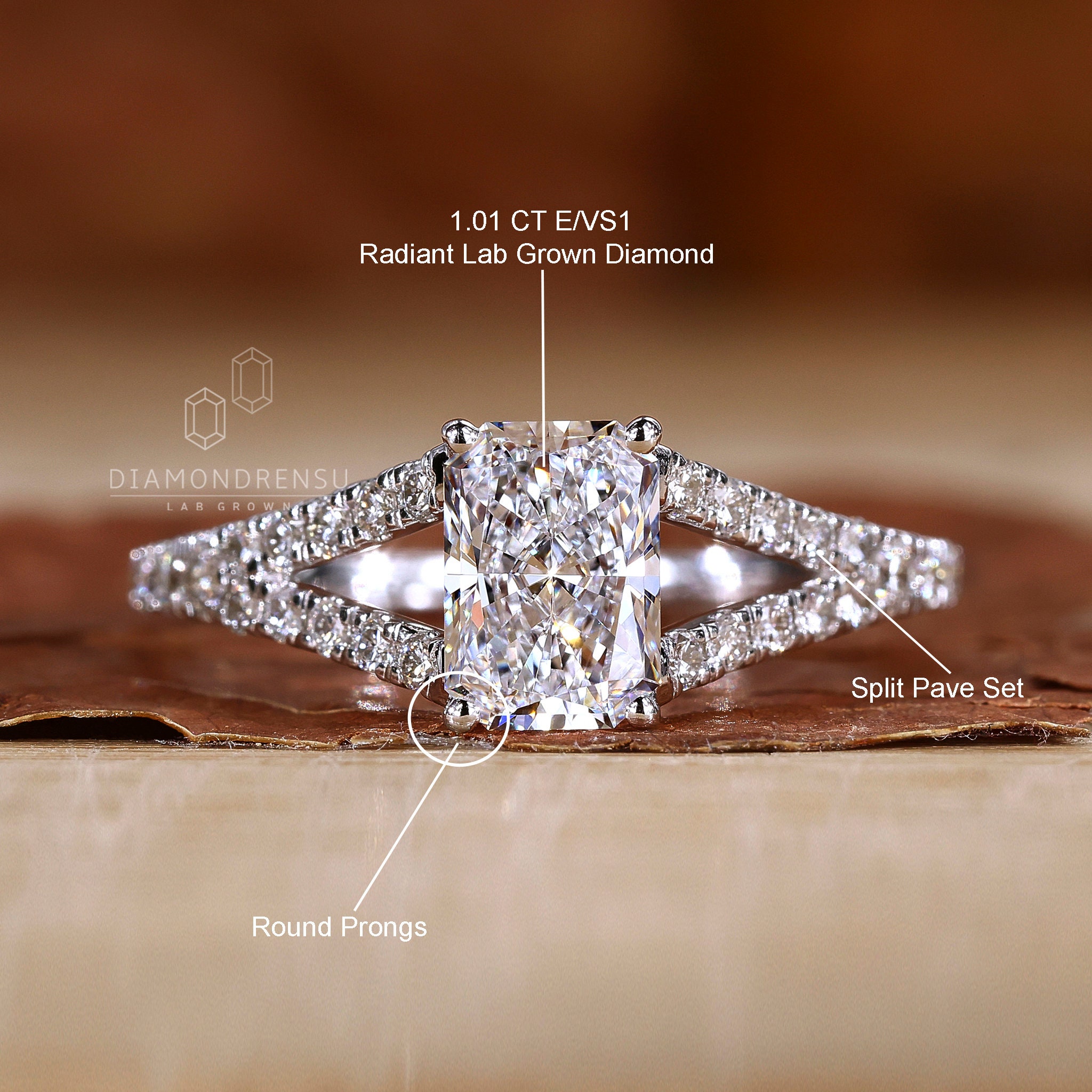 ラディアントカットのラボグロウンダイヤモンドの結婚指輪、スプリット 