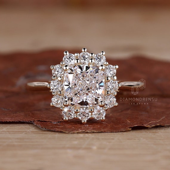 Handmade IGI Certified Cushion Cut Halo Engagement Ring; Perfect Lab Grown Diamond Ring for Women, Available in Solid Yellow/White/Rose Gold