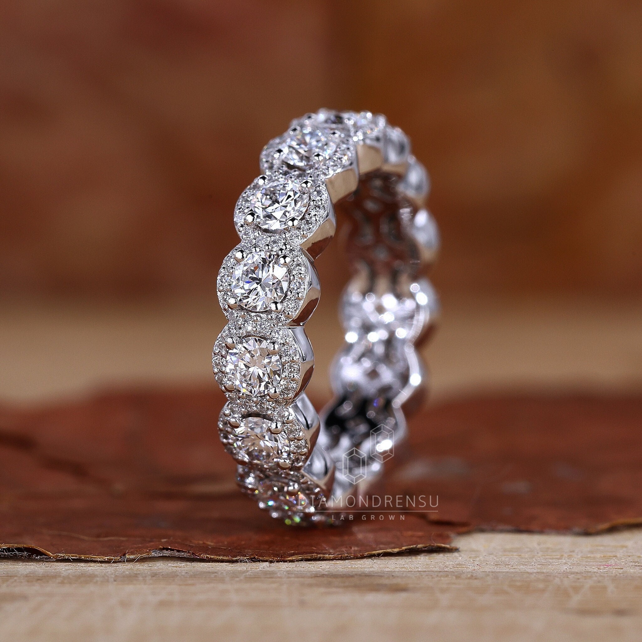 Halo Round Lab Grown Diamond Eternity Wedding Band Bridal Set Band For Engagement Ring Gift for Her Handmade by Diamondrensu Comfort Fit