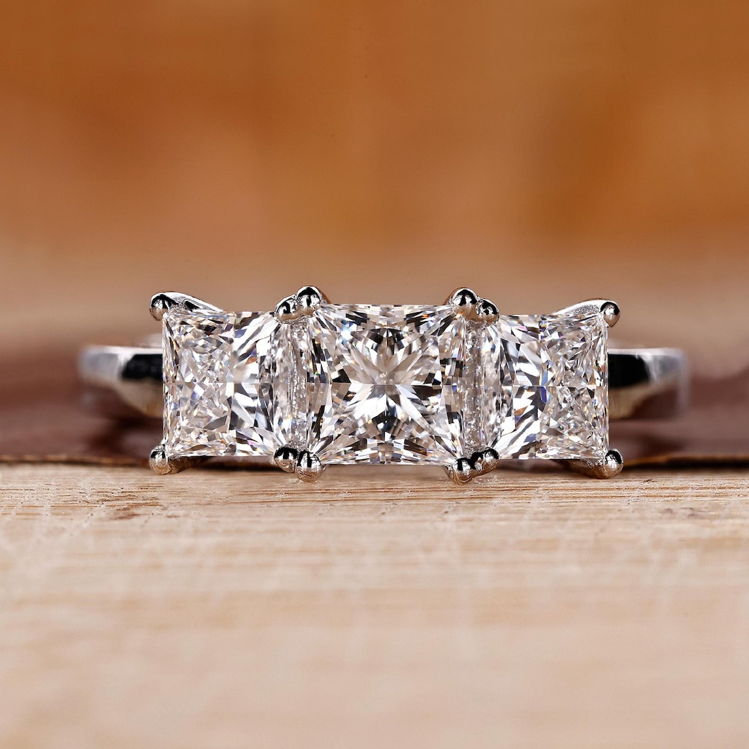 Princess Cut Diamond 3 Stone Engagement Ring, Lab Grown Diamond Wedding ...