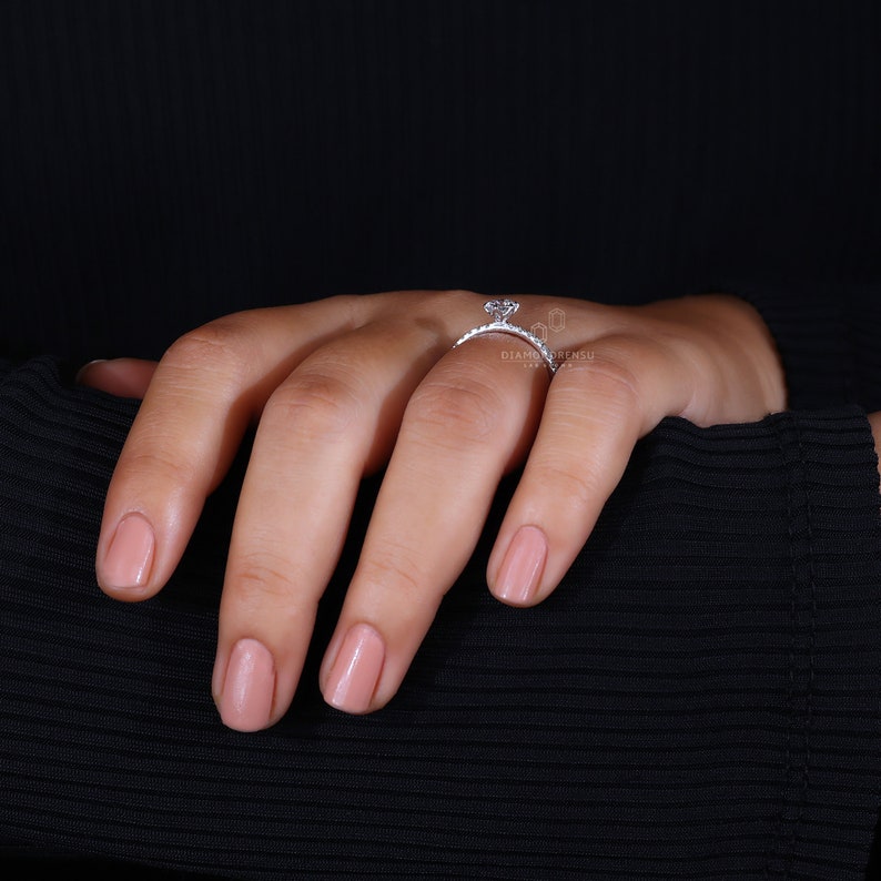 Exquisite Lab Grown Diamond Engagement Ring by Diamondrensu - Full Ring on Hand Showcase