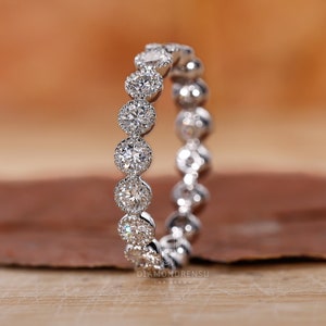 Bezel Set Diamond Eternity Wedding Band for Engagement Ring, Lab Grown Diamond Anniversary Ring, Milgrain Setting, White/Yellow/Rose Gold