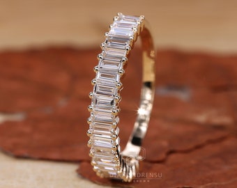 Baguette Diamond Wedding Band 14K Solid Gold Half Eternity Baguette Lab ...
