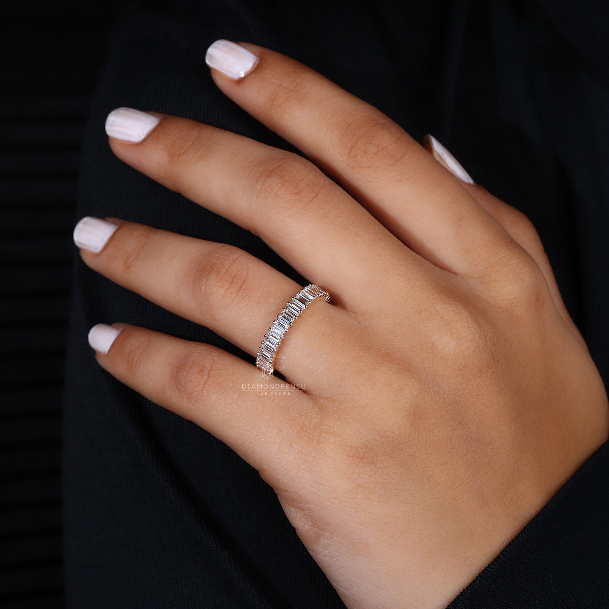 Baguette Cut Diamond Half Eternity Band, Lab Grown Diamond Wedding Band ...