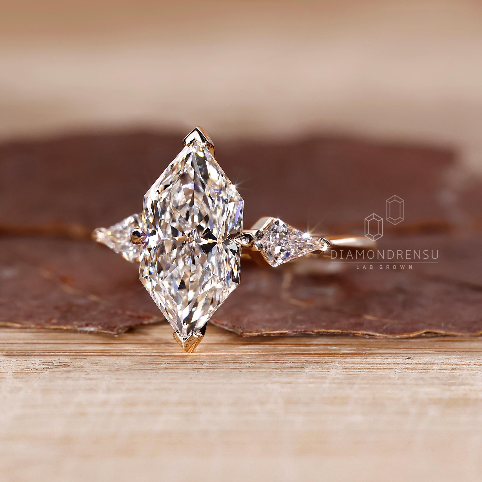 Dutch Shape Ring Dutch Marquise Cut Diamond 3 Stone Engagement Ring, Kite Cut Lab Grown ...