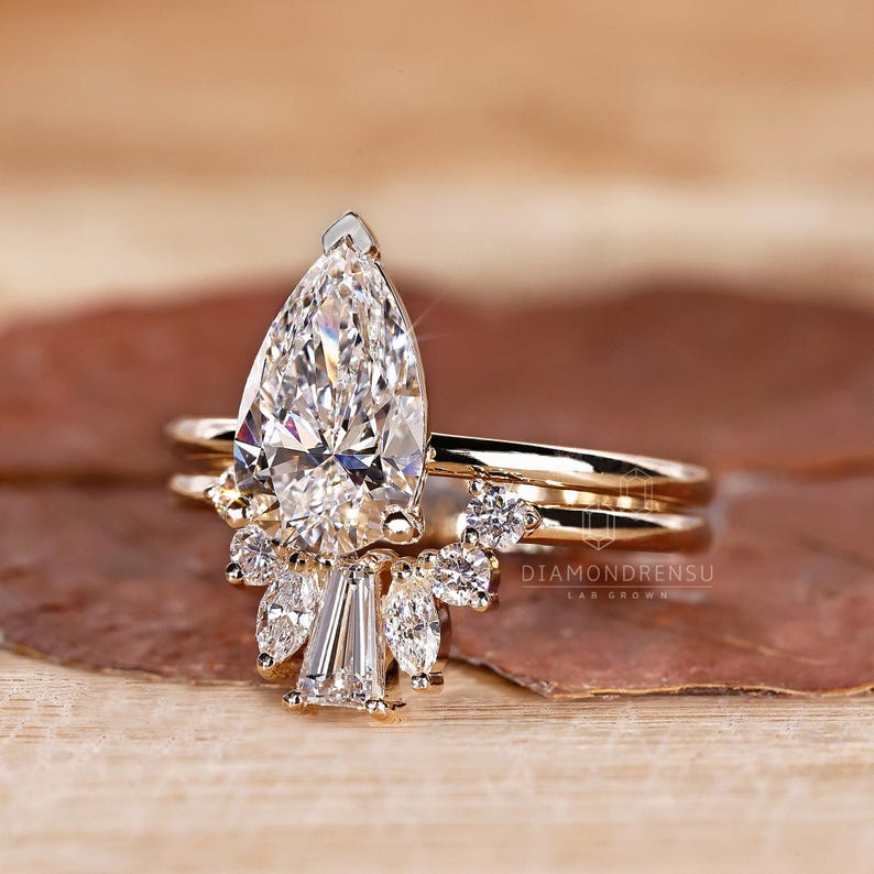 Pear Cut Diamond Solitaire Engagement Ring With Tiara Wedding Band, Lab ...