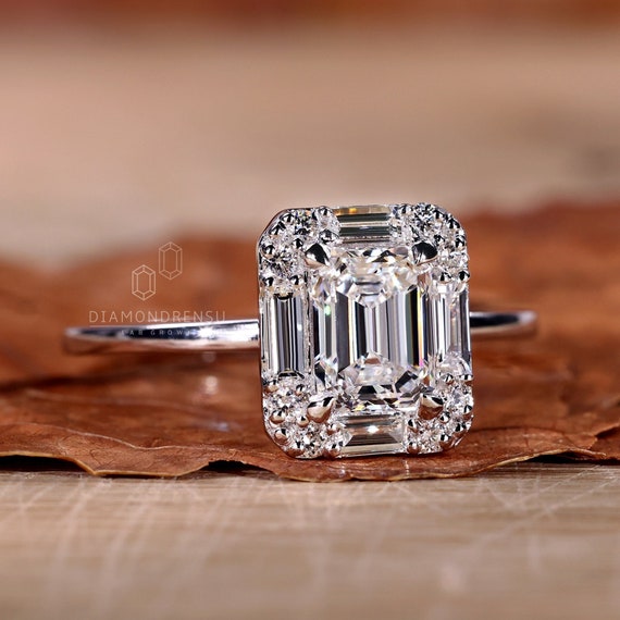 Emerald Cut Diamond Halo Engagement Ring With Diamond Prong