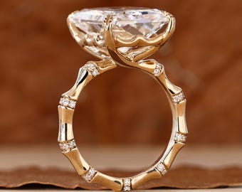 Radiant Cut Lab Grown Diamond Nature Inspired Ring, Leaf Prong Set Bamboo Style Wedding Ring for Her, 10 to 14 ct IGI Certified Diamond Ring