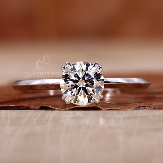 Round Lab Grown Diamond Engagement Ring for Women, 0.25 to 2.0 CT Lab Created Diamond Wedding Ring, Knife Edge Band, Comfort Fit, Claw Prong