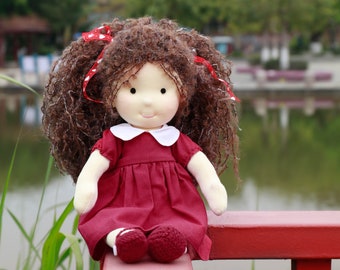 Waldorf Doll - Handmade Rag Doll with Red Dress Birthday Gift For Girl With Love Ideal Perfect Gift with Exquisite Box