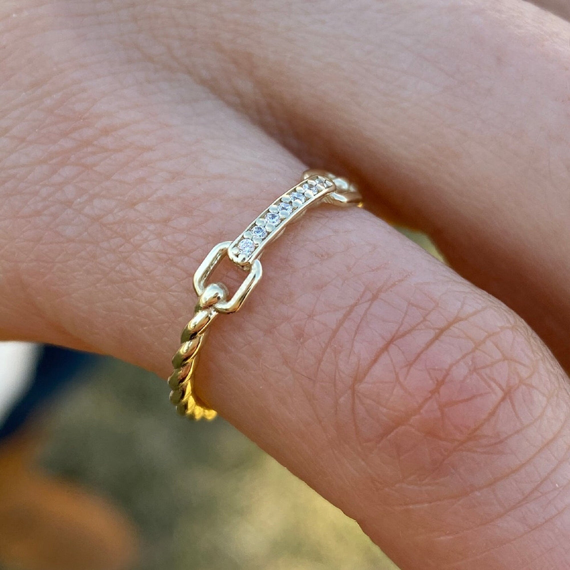 14k Solid Gold Diamond Link Ring Diamond Ring Diamond Etsy