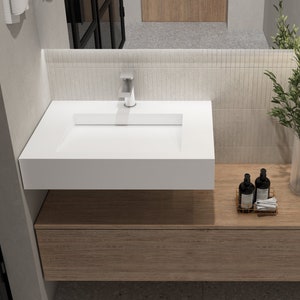 30" White Wall-Mount Modern Floating Bathroom Sink with Ramp Basin - Mounting Kit Included