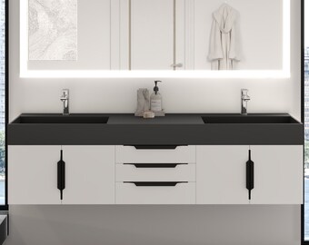 72'' Wall Mounted Double Vanity Set - Floating Bathroom Vanity with Sink Top - White, Black, Gray, Blue Available