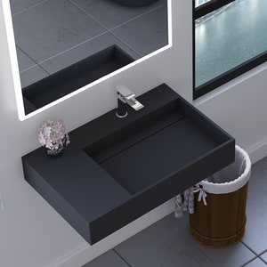 30&quot; Black Wall-Mount Right Basin Bathroom Sink with Counter - Modern Floating Design - Mounting Kit Included, For Bathroom and Powder Rooms