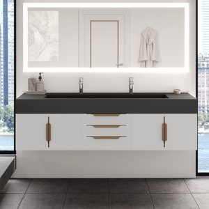 72" Modern Floating Bathroom Vanity - Rectangular Wall Mounted Cabinet with Trough Sink - Available in Blue, Black, White, Gray