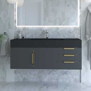 48&#39;&#39; Floating Single Modern Bathroom Vanity Set with Concealed Drain Sink Top - Wood Construction with Solid Surface Top