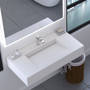 36" Wall-Mount Minimalist Ramp Basin Floating Bathroom Sink and Countertop in White