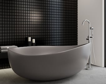 71" x 43" Large Gray Modern Freestanding Oval Bathtub - Made with Solid Surface, Minimalist Design