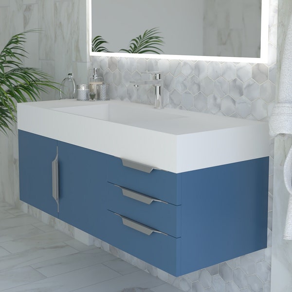 48'' Floating Single Modern Bathroom Vanity Set with Concealed Drain Sink Top - Wood Construction with Solid Surface Top