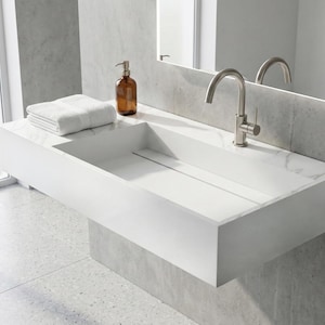 30" Floating White Marble Print Wall-Mounted Bathroom Sink – Right Side Basin