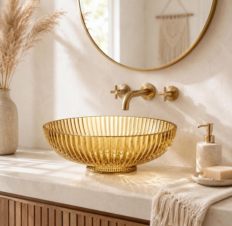 Modern Oval Ribbed Glass Vessel Sink – 20 Inch, Multicolor Options ...