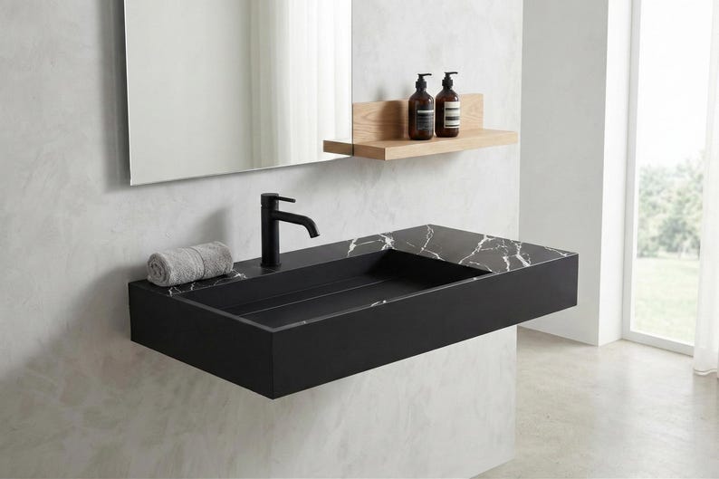 36" Black Marble Design Floating Bathroom Sink With Left Basin and ...