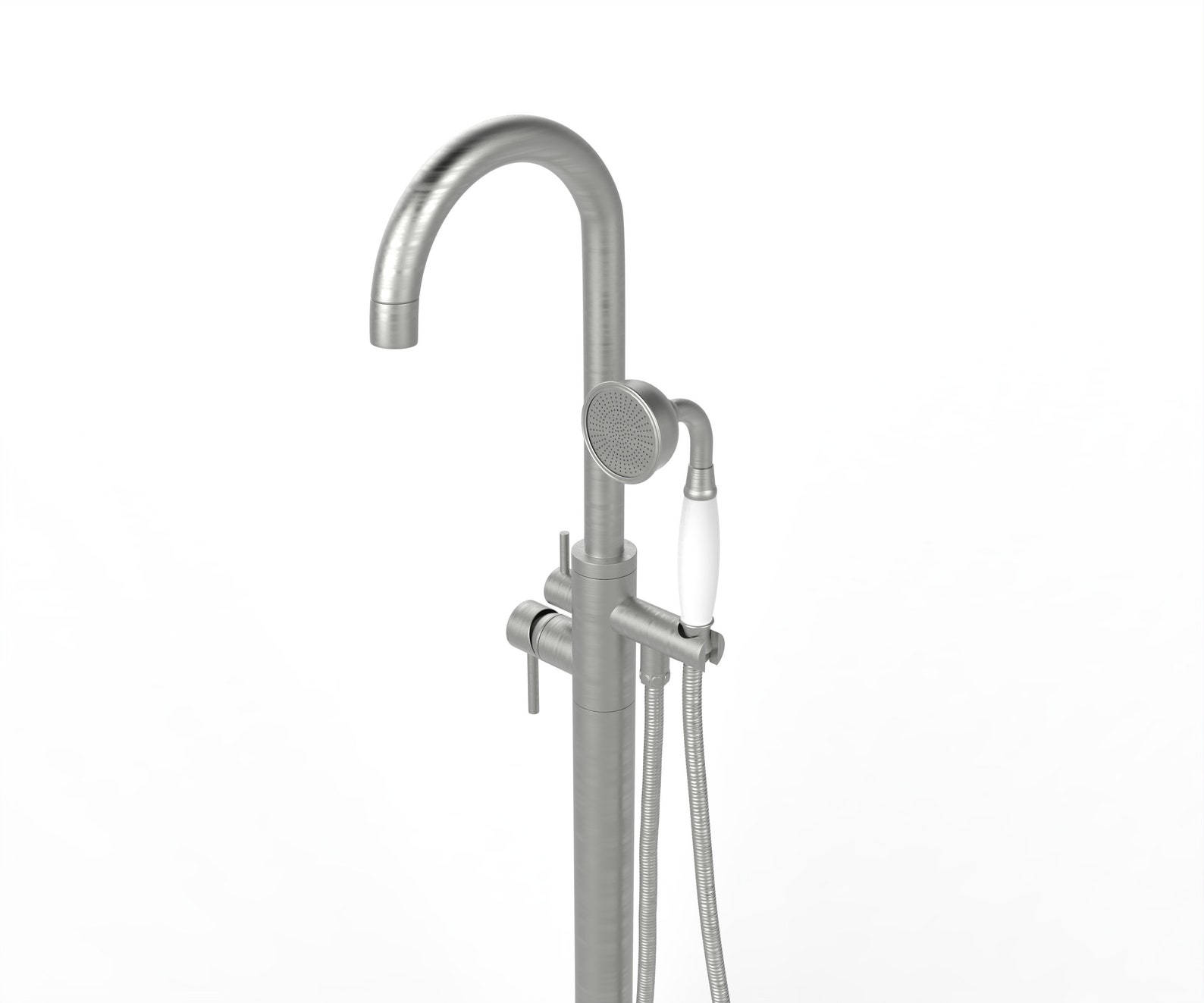 Brushed Nickel Freestanding Gooseneck Tub Filler With Hand Shower Floor