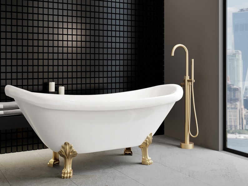 Brushed Gold Freestanding Gooseneck Tub Filler With Hand Shower Floor