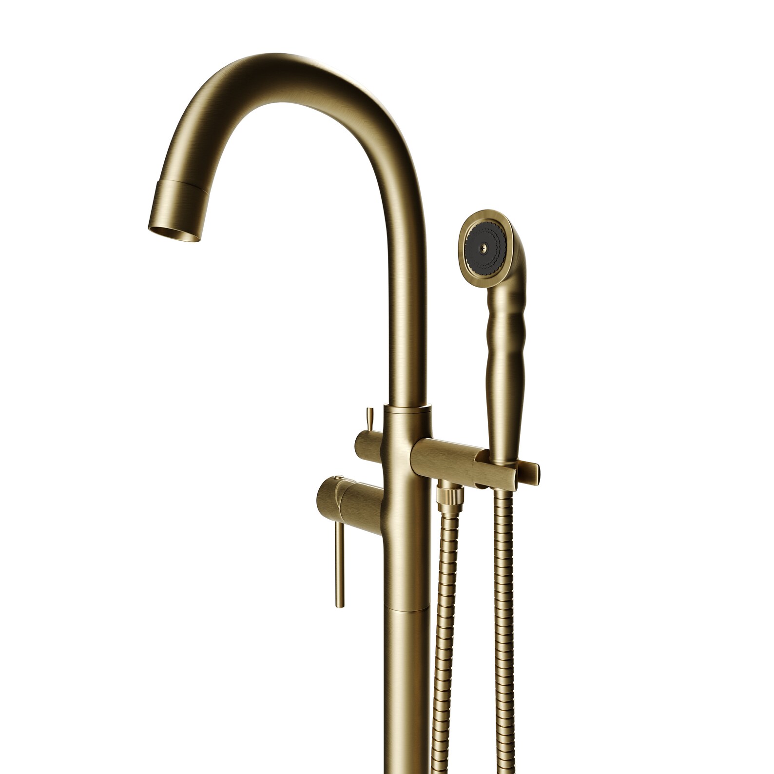 Brushed Gold Freestanding Gooseneck Tub Filler With Hand Shower Floor