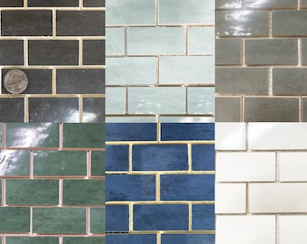 Glossy 1 x 2 Inch Ceramic Brick Mosaic Tile - Green, Blue, Gray, White, Dark Brown - 50 Tiles Per Sheet