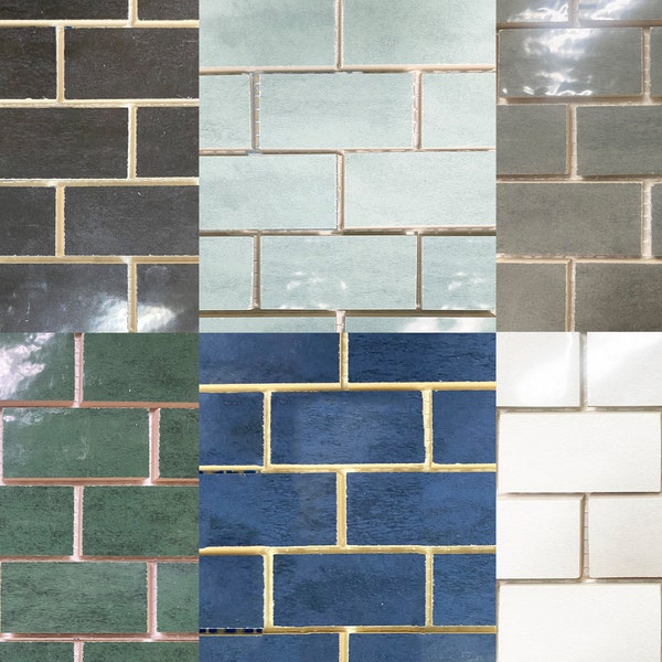 Glossy 1 x 2 Inch Ceramic Brick Mosaic Tile - Green, Blue, Gray, White, Dark Brown - 50 Tiles Per Sheet