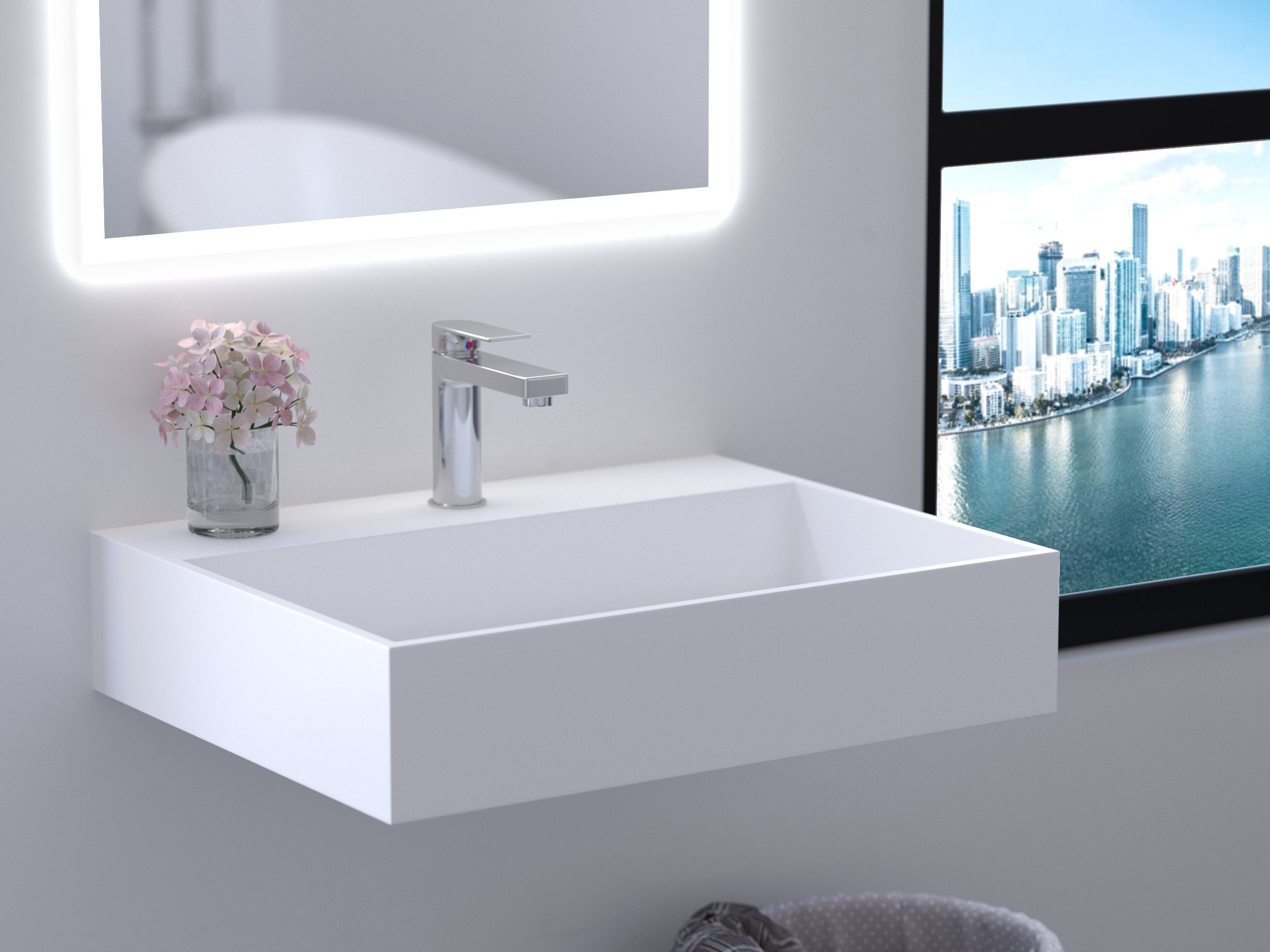 24 White Wall-mount Modern Small Floating Bathroom Sink Mounting Kit  Included, for Bathroom and Powder Rooms 