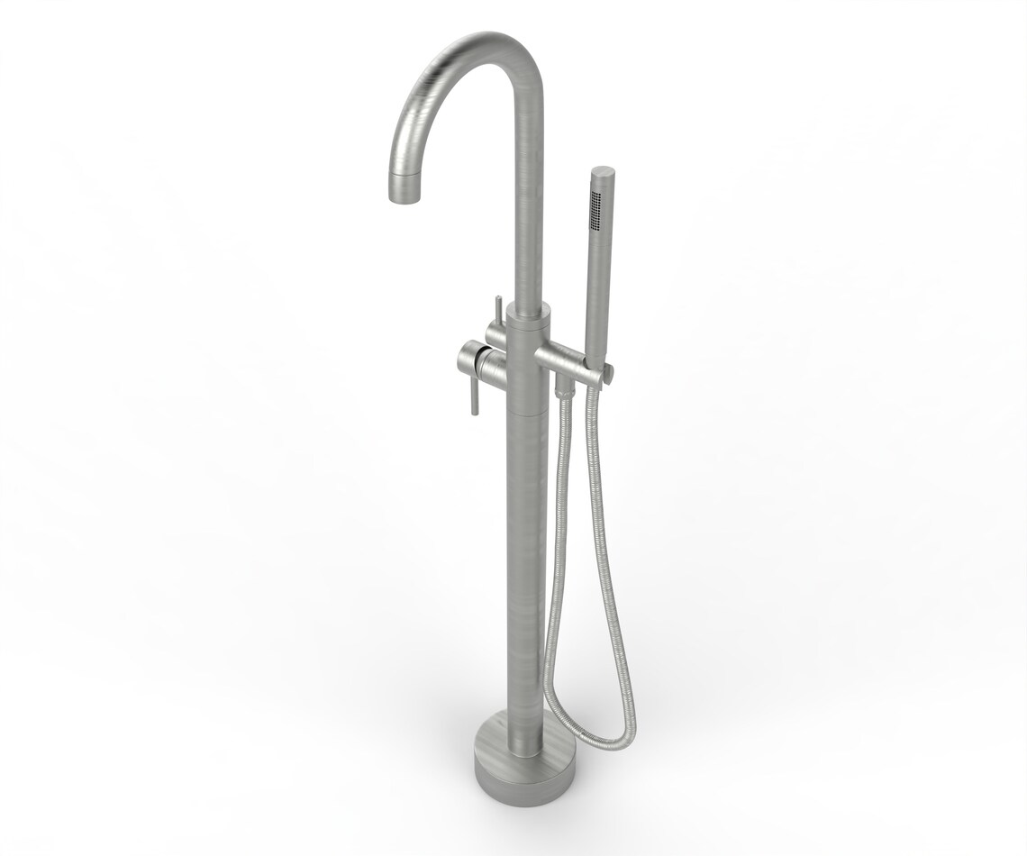 Brushed Nickel Freestanding Gooseneck Tub Filler With Hand Shower Floor
