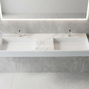 60 Inch Floating Wall-Mounted Bathroom Sink in White Marble Print with Hidden Drain Cover