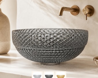 Elegant Diamond Textured Glass Vessel Sink – 16 inch, Available in 3 Colors, Countertop Bathroom Sinks, Round Basin Bowl
