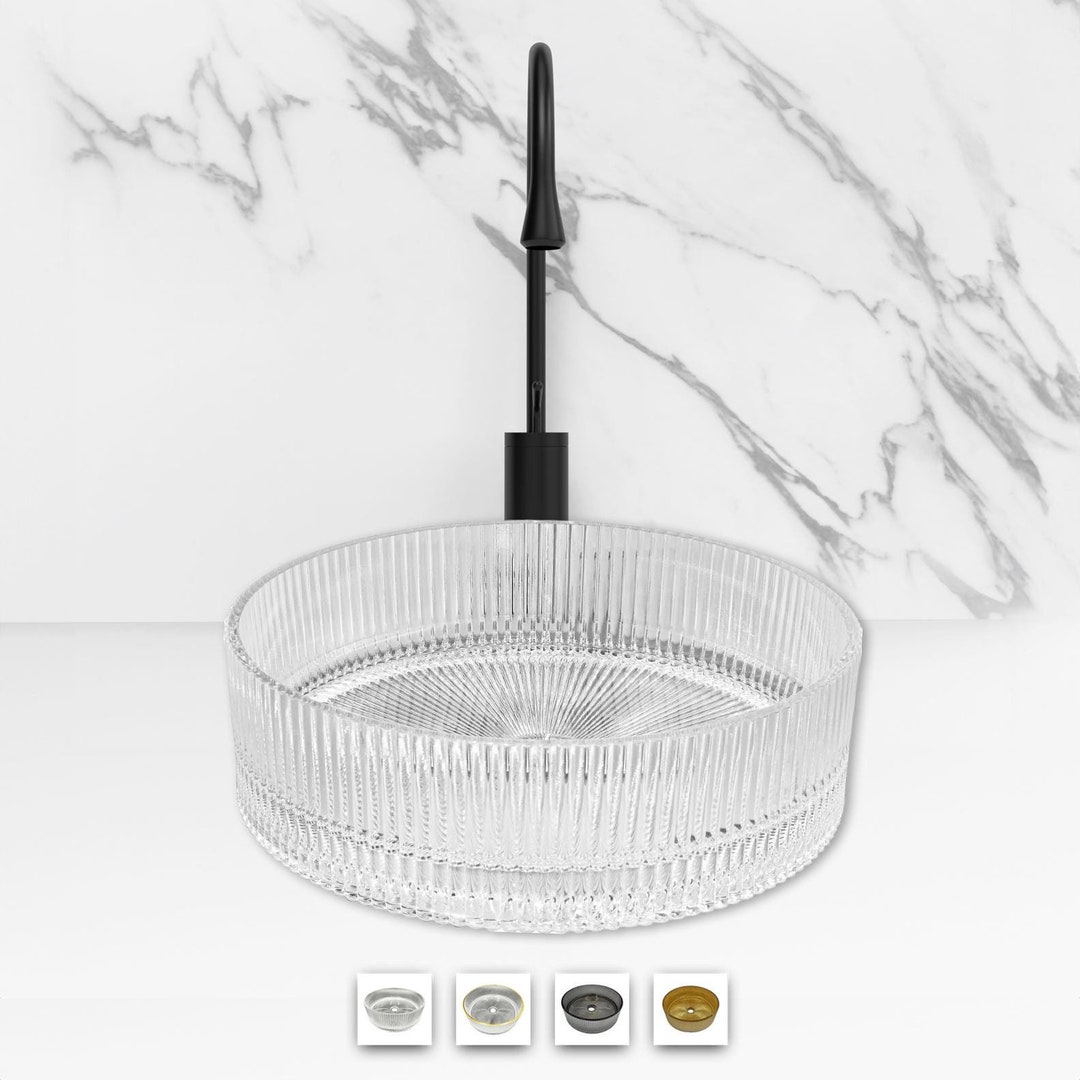 Elegant Round Ribbed Glass Vessel Sink – 14 Inch, 16 Inch and Four ...