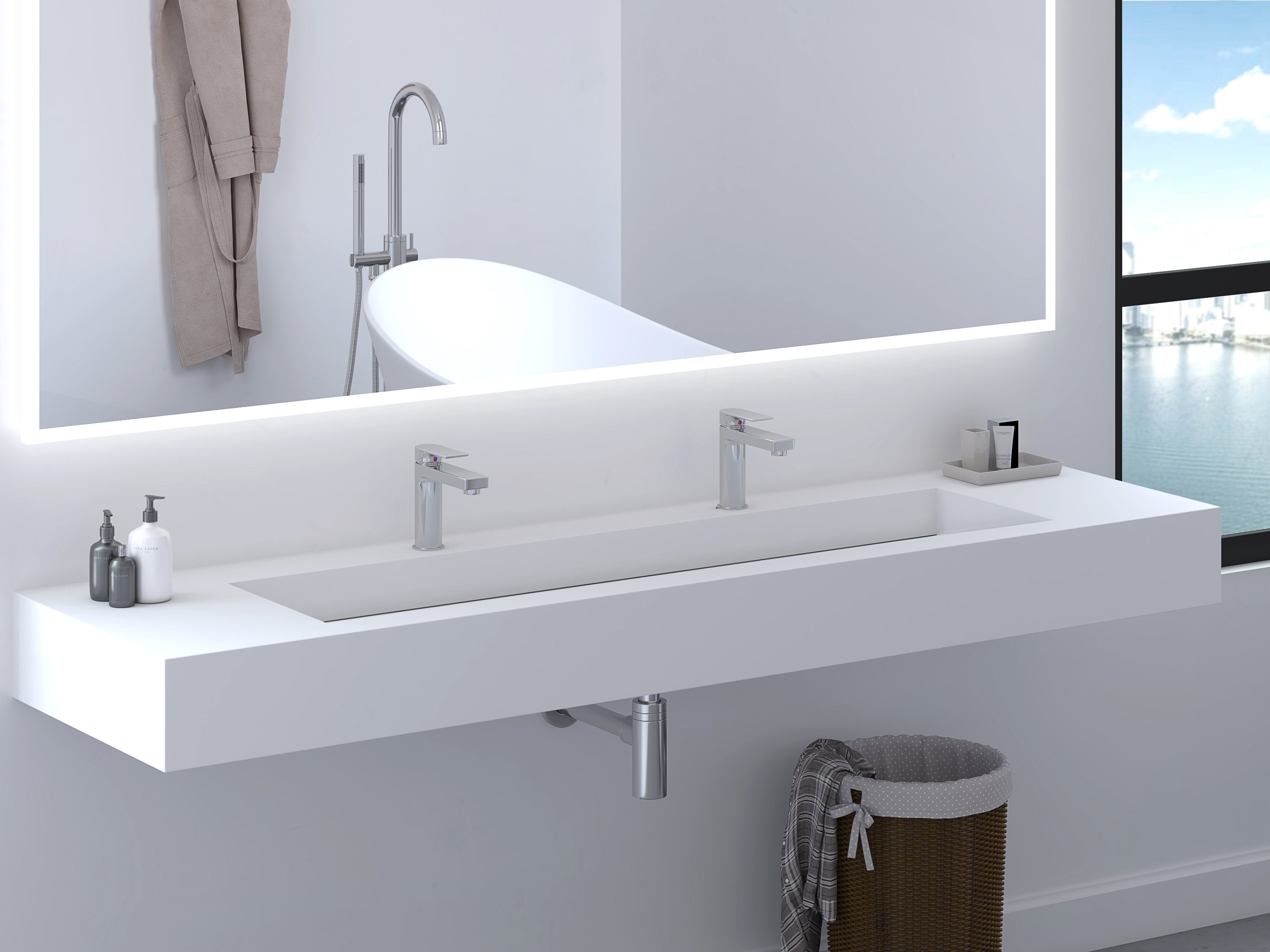 72 Wallmount Minimalist Ramp Basin Floating Bathroom Double Sink and