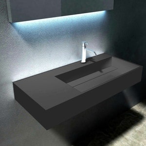 Black 36" Wall-Mounted Minimalist Floating Right Side Sink and Countertop for Bathroom or Powder Room