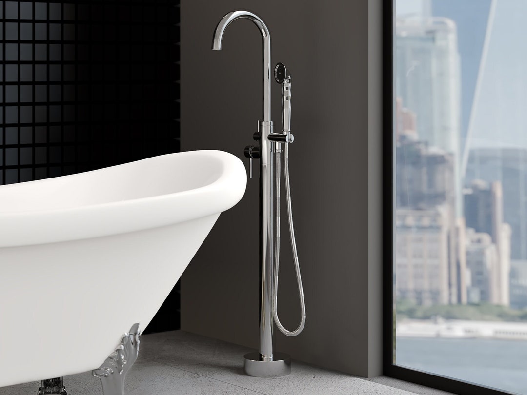 Chrome Freestanding Gooseneck Tub Filler With Hand Shower Floor Mount