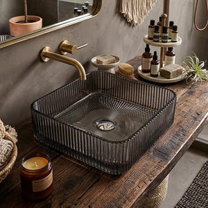 Elegant Square Textured Glass Vessel Sink – 15 inch, Linear Design, Available in Three Colors, Countertop Bathroom Sinks, Square Basin Bowl
