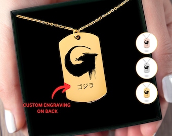 Godzilla-Inspired Kanji Engraved Tag Necklace - Customizable, Stainless Steel - Godzilla Minus One Movie Fan Gift - Gold, Silver, Rose Gold