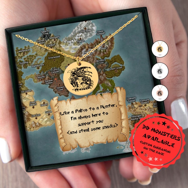 Monster Hunter Inspired Necklace - Choose from 30 Monsters Engraving, Personalized Back, 'Palico & Hunter' Humorous Card - MHR MHW