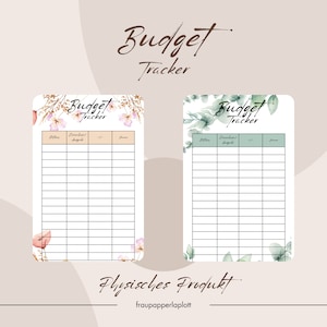 Könnte beinhalten: Zwei druckbare Budget-Tracker-Seiten mit Blumendesigns. Die linke Seite hat ein pinkfarbenes und goldenes Blumendesign, die rechte Seite ein grünes Blumendesign. Beide Seiten haben oben den Text "Budget Tracker".