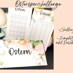 Könnte beinhalten: Oster-Themen-Schreibwaren-Set mit dem Wort "Ostern". Das Set enthält einen Challenge-Tracker mit Korb-Illustrationen und ein Budget-Dashboard, alles auf hellrosa Hintergrund mit dekorativen Eiern.
