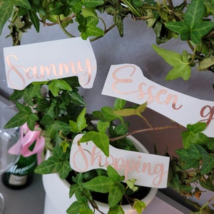 Könnte beinhalten: Eine Topfpflanze mit Efeu, an der vier weiße Etiketten an den Stielen befestigt sind. Die Etiketten haben roségoldene Beschriftungen mit den Worten "Sammy", "Essen", "Shopping" und "Gift".