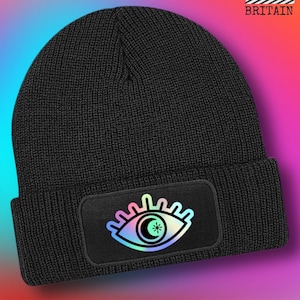 Third Eye Black Cuffed Beanie Hat, Goth Beanie, Knitted Beanie, Alternative Hat, Unique Hat, Witchy Hat, Pastel Goth, Kawaii Hat