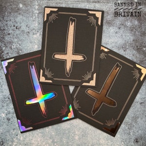Umgedrehtes Kreuz handgemachte Folienkarte, okkulte Karte, Grußkarte & Umschlag, gotische verzierte Karte, satanische Geschenke, Witchy Goth Karte